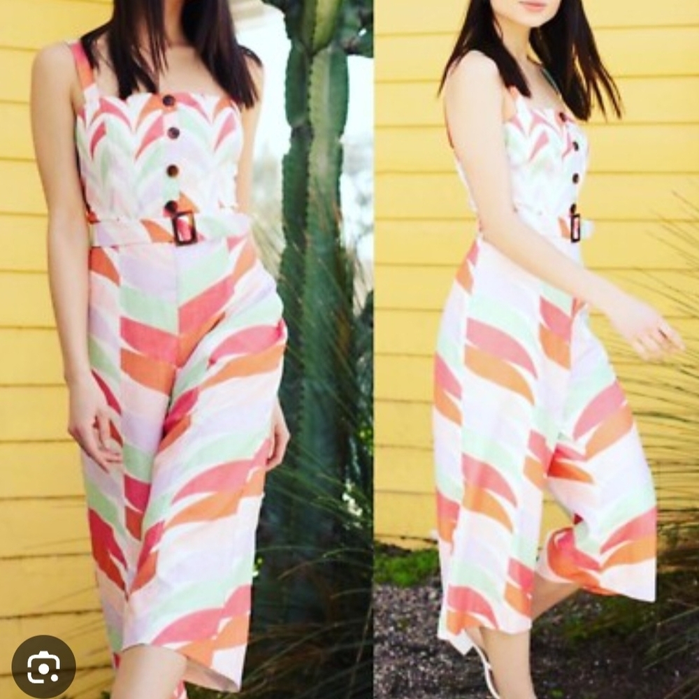 Retro Striped Jumpsuit  Pastel Striped  Linen Like Spring Large EUC